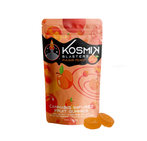 kosmik blasters gummies for sale in stock at affordable prices, shop Pulsar Peach gummies online at kosmikebrandshop best online blaster shop.